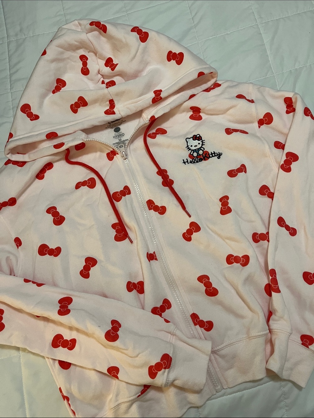 Hello Kitty Light Pink Zip Hoodie with Red Bow Print